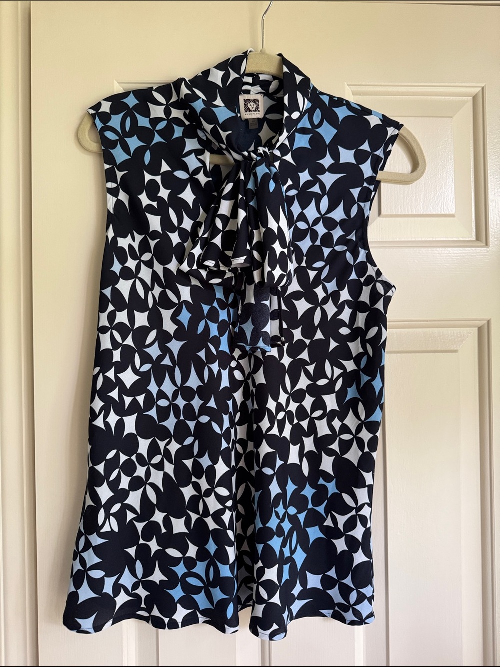 Anne Klein Black, White & Light Blue Geometric Blouse
